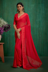 Elegant Red Chiffon Swarovski Ready to Wear Saree - Shop Now for Glamorous Style-RTW-4097